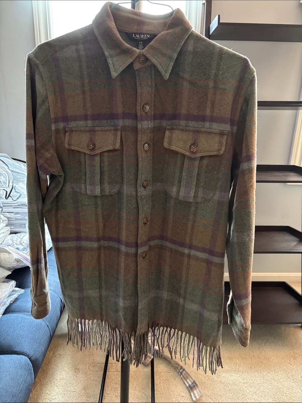 Lauren Ralph Lauren Olive and Brown Plaid Fringe Shirt Jacket
